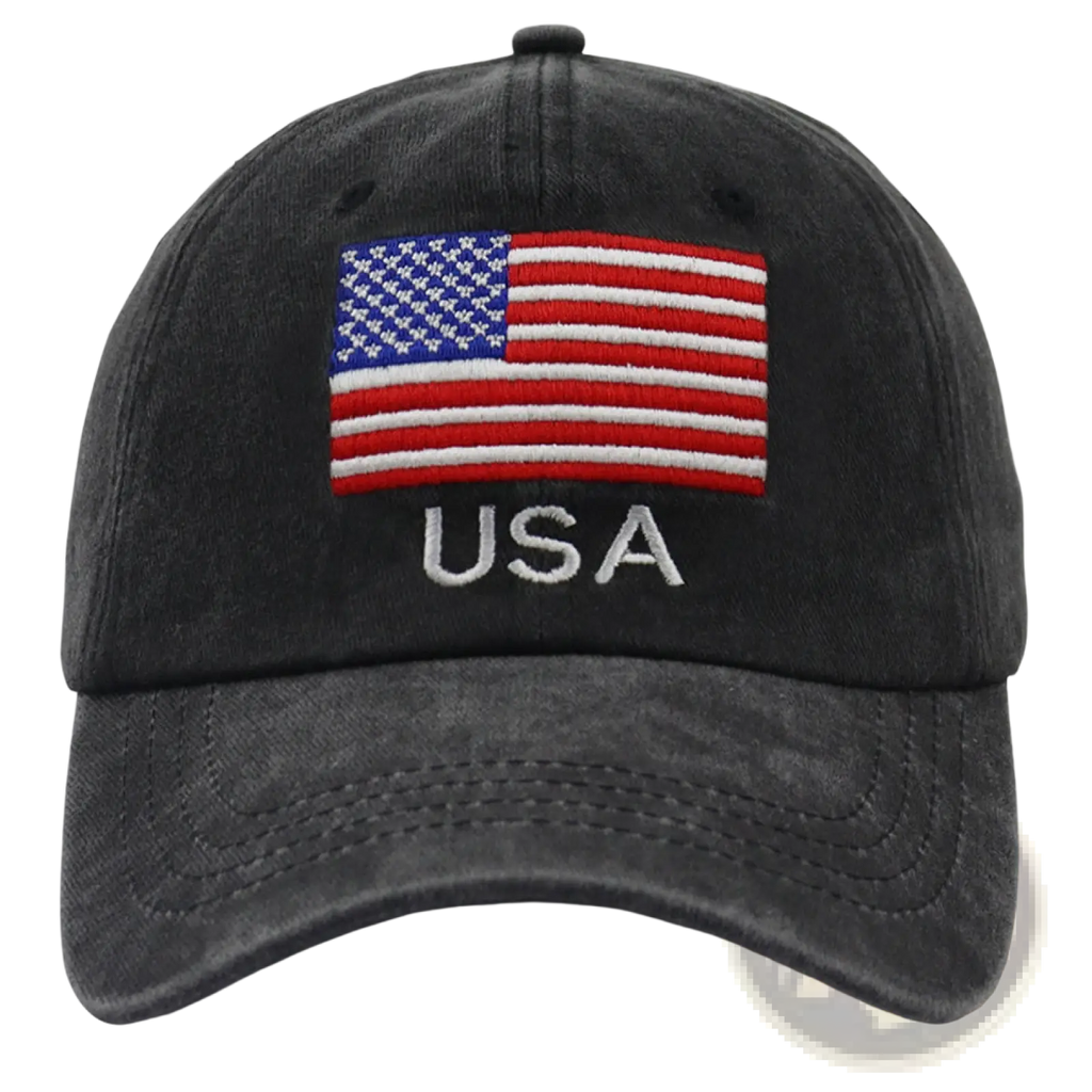 Black distressed cotton baseball cap with embroidered American flag and USA lettering vintage style hat