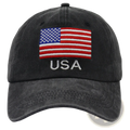 Black distressed cotton baseball cap with embroidered American flag and USA lettering vintage style hat