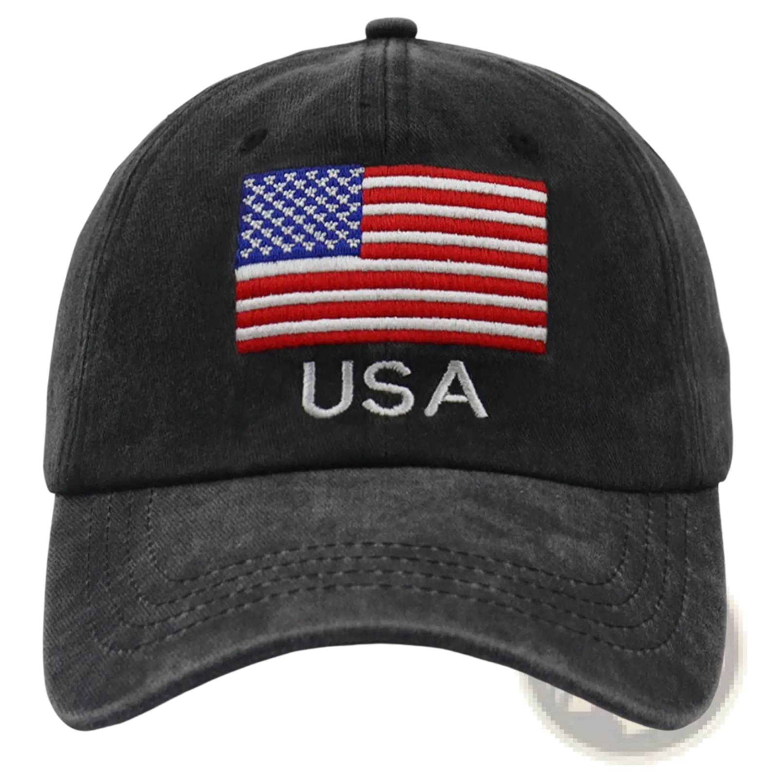 Black distressed cotton baseball cap with embroidered American flag and USA lettering vintage style hat