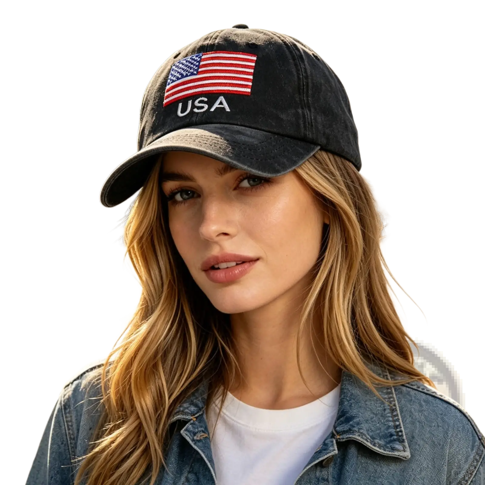 Black distressed cotton baseball cap with embroidered American flag and USA text vintage style