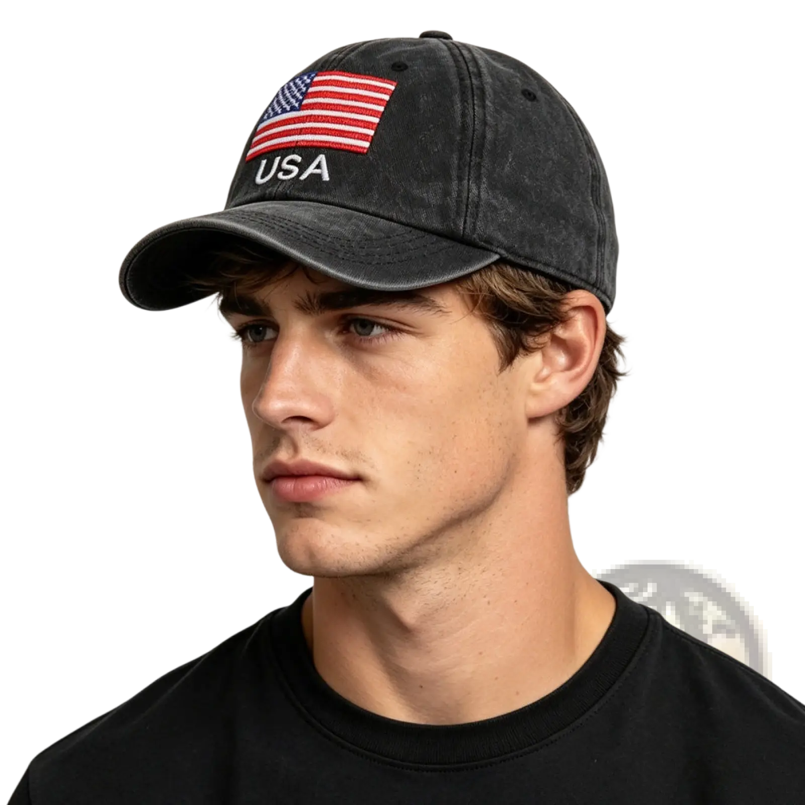 Black distressed cotton baseball cap featuring embroidered american flag and usa text on the front