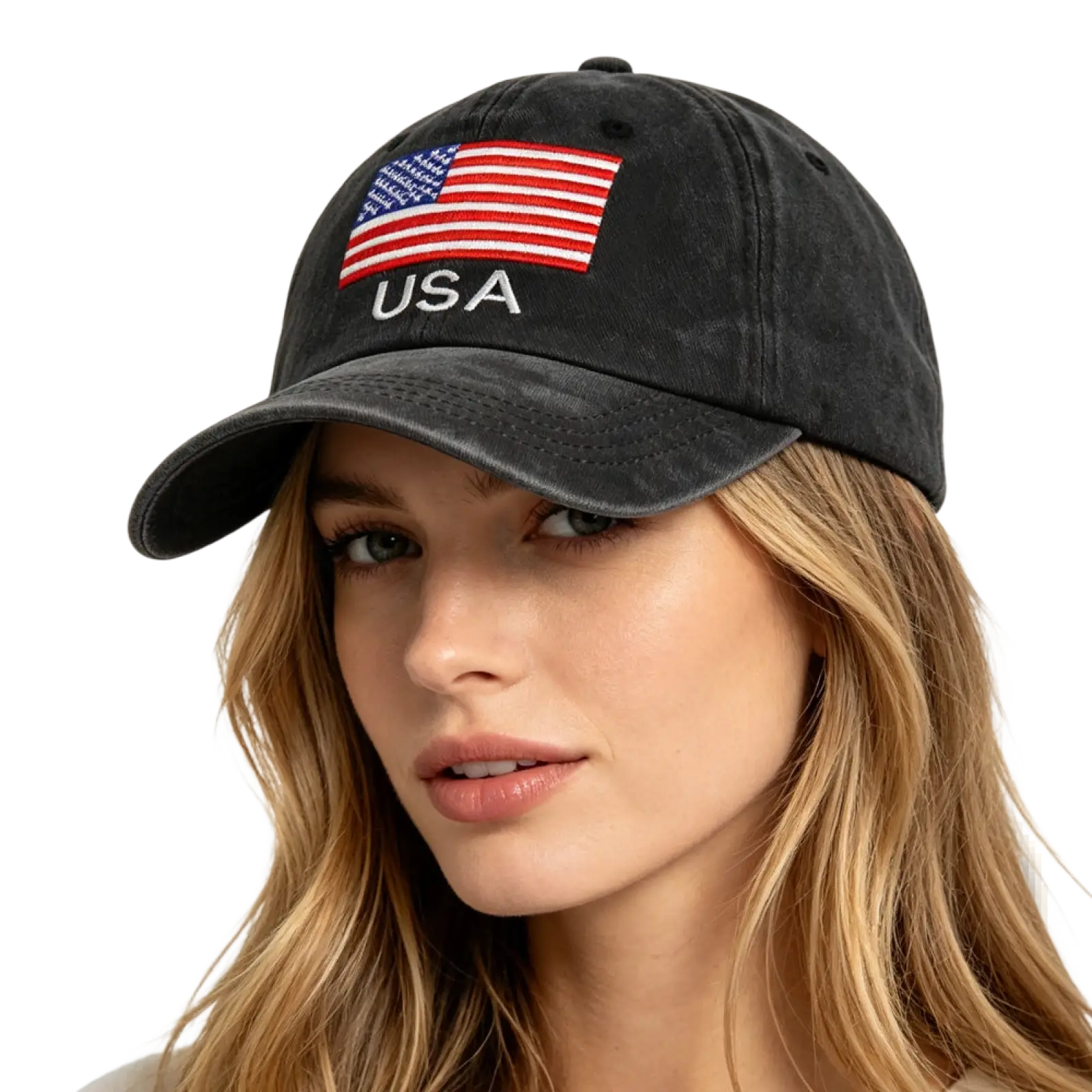 Black distressed cotton baseball cap with embroidered american flag and usa text vintage usa flag design