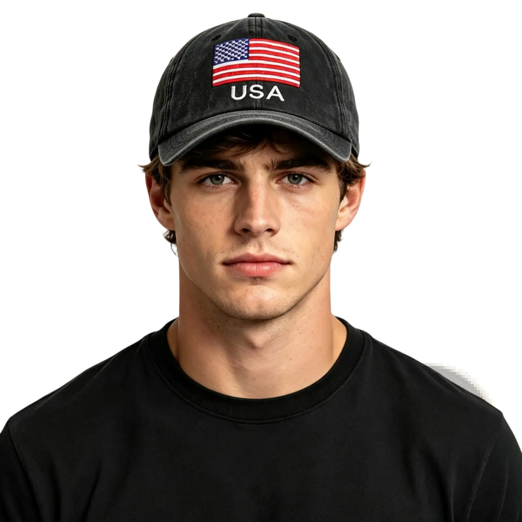 Black distressed cotton baseball cap with embroidered American flag and USA text vintage style design