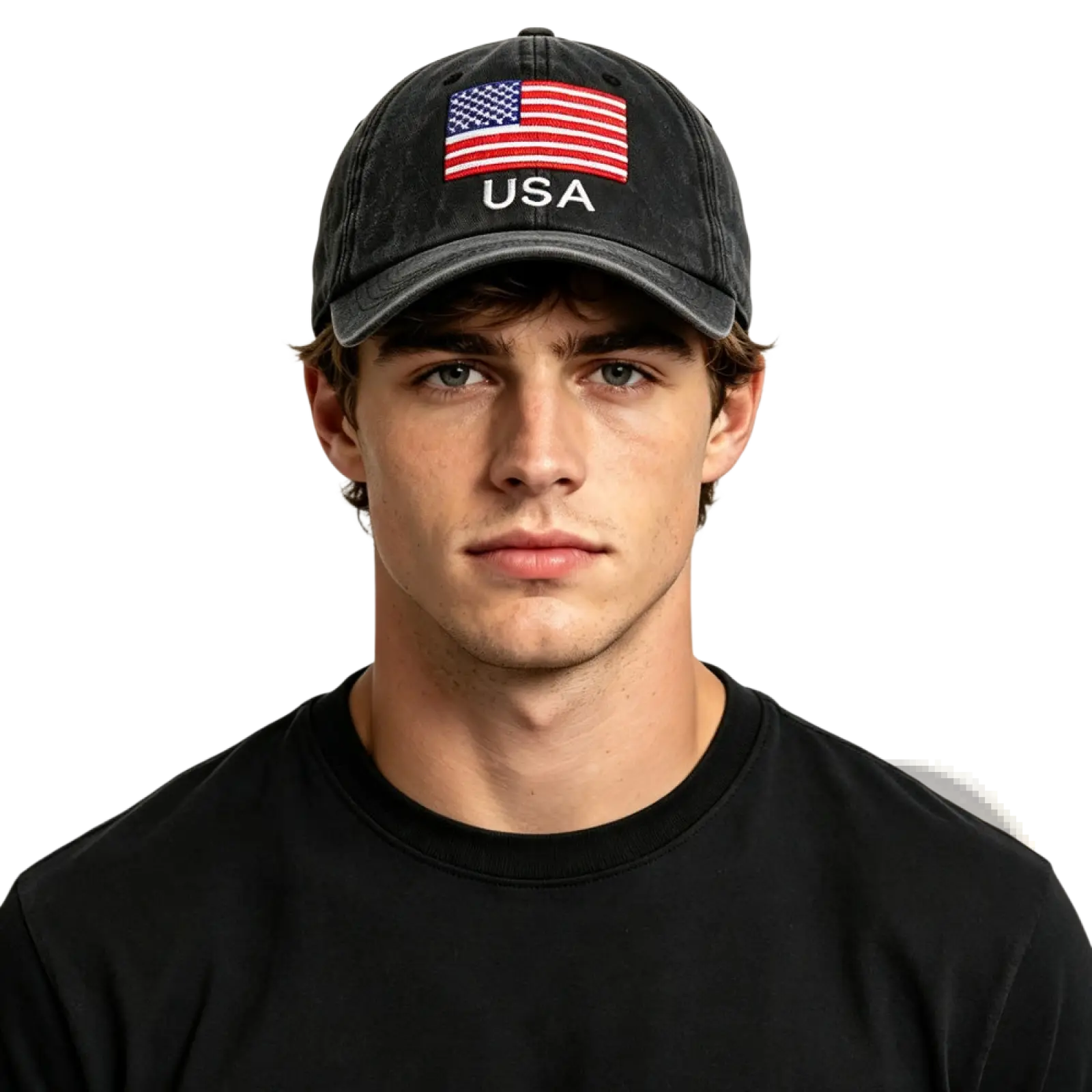 Black distressed cotton baseball cap with embroidered American flag and USA text vintage style design