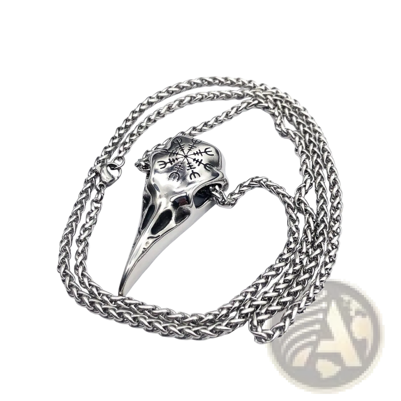 Silver-toned vintage viking runic raven skull pendant necklace with intricate engravings and braided chain