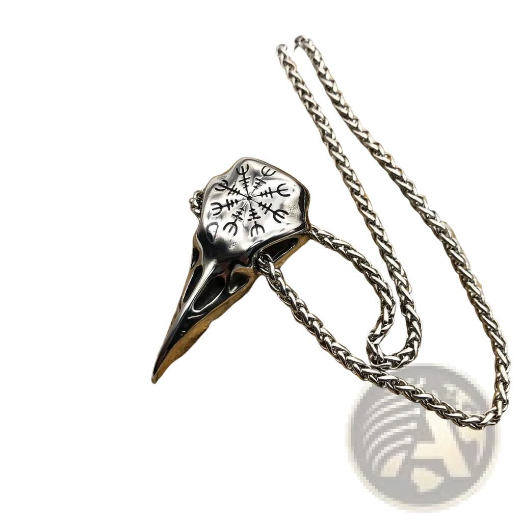 Silver vintage viking runic raven skull pendant necklace with intricate engravings on a braided stainless steel chain