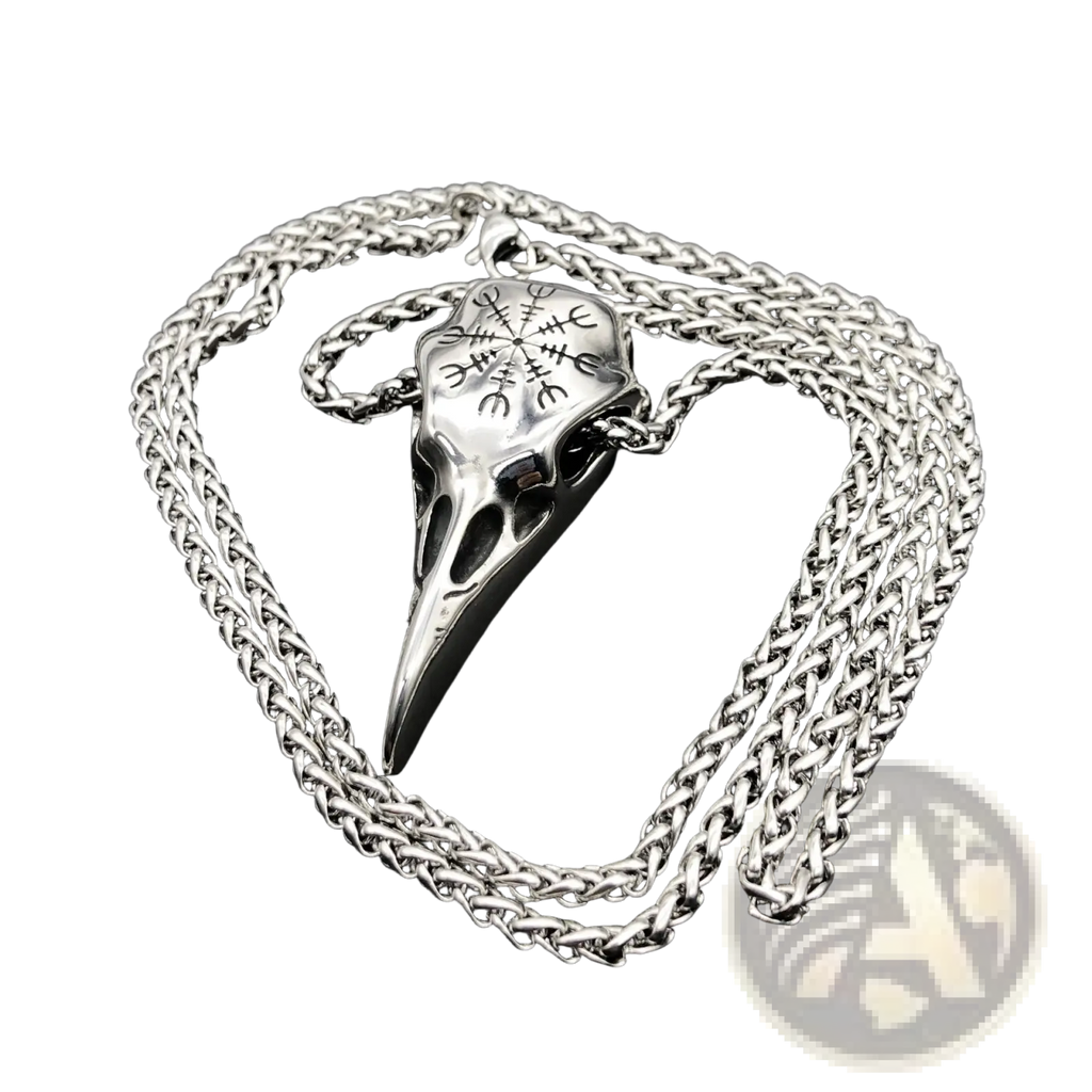 Vintage viking runic raven skull pendant necklace with silver bird skull and intricate runic engravings on braided steel chain