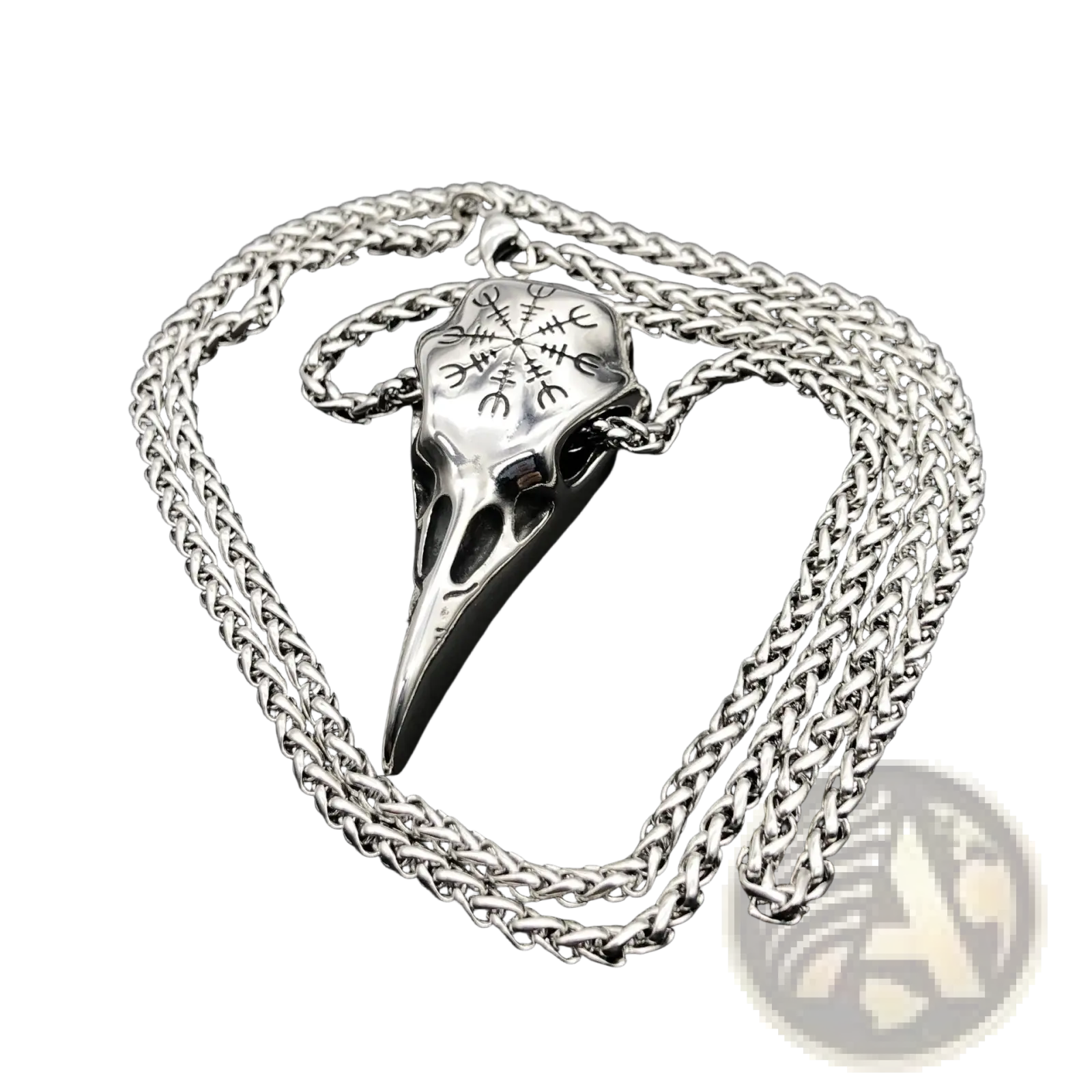 Vintage viking runic raven skull pendant necklace with silver bird skull and intricate runic engravings on braided steel chain