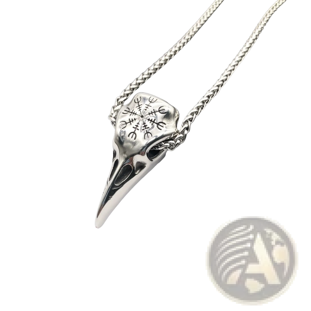 Silver vintage viking runic raven skull pendant necklace with intricate engravings on a braided chain