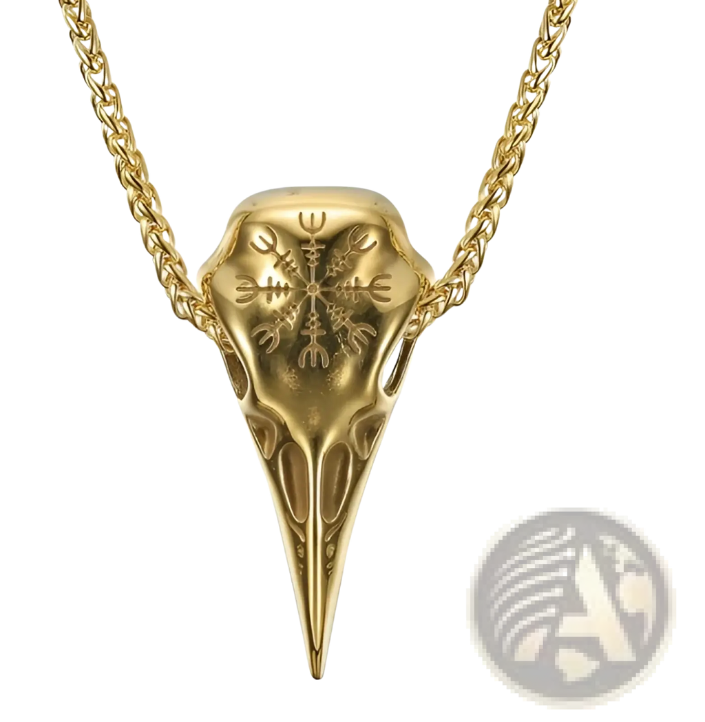 Gold-colored vintage viking runic raven skull pendant necklace with detailed bird skull engraving and braided chain