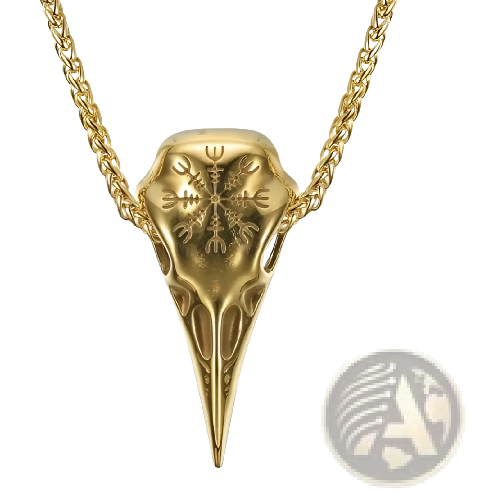 Gold-colored vintage viking runic raven skull pendant necklace with detailed bird skull engraving and braided chain