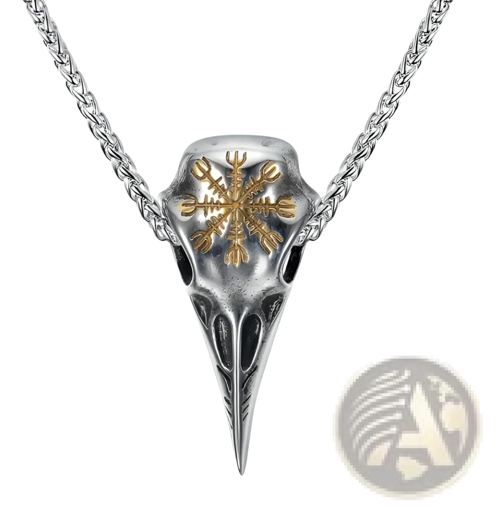 Vintage Viking runic raven skull pendant necklace in silver and gold with intricate crow skull detailing