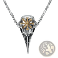 Vintage Viking runic raven skull pendant necklace in silver and gold with intricate crow skull detailing