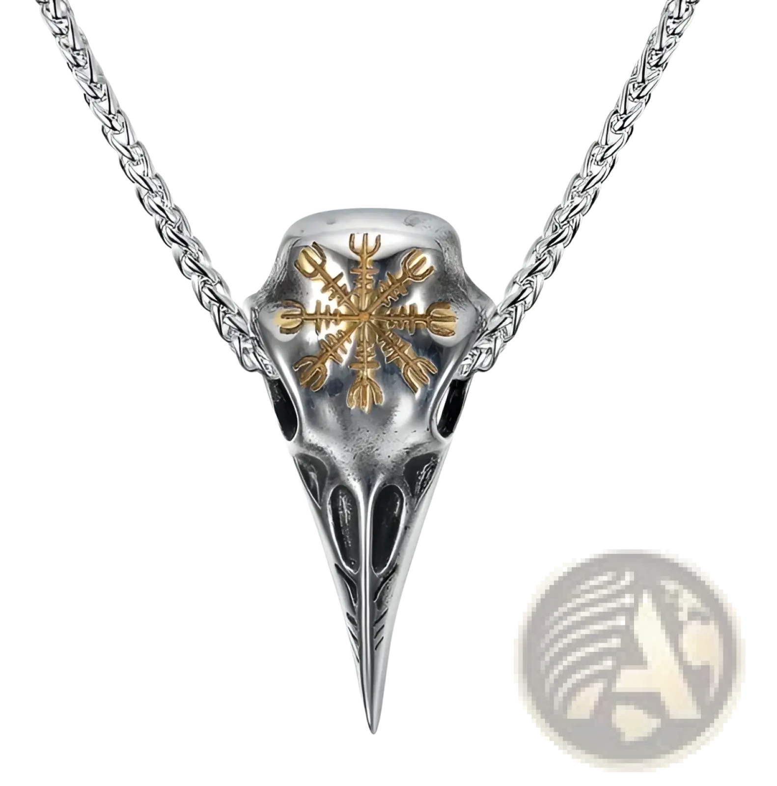 Vintage Viking runic raven skull pendant necklace in silver and gold with intricate crow skull detailing