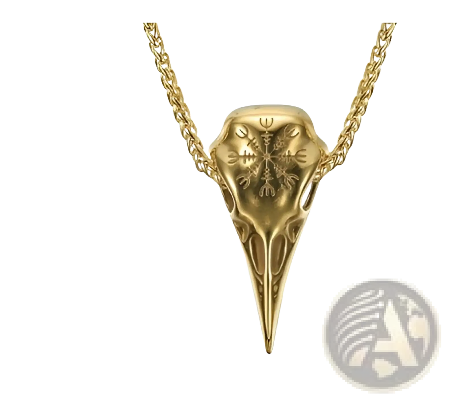 Gold-colored metal pendant necklace shaped like a bird skull with intricate Viking-style runes engraved on the forehead