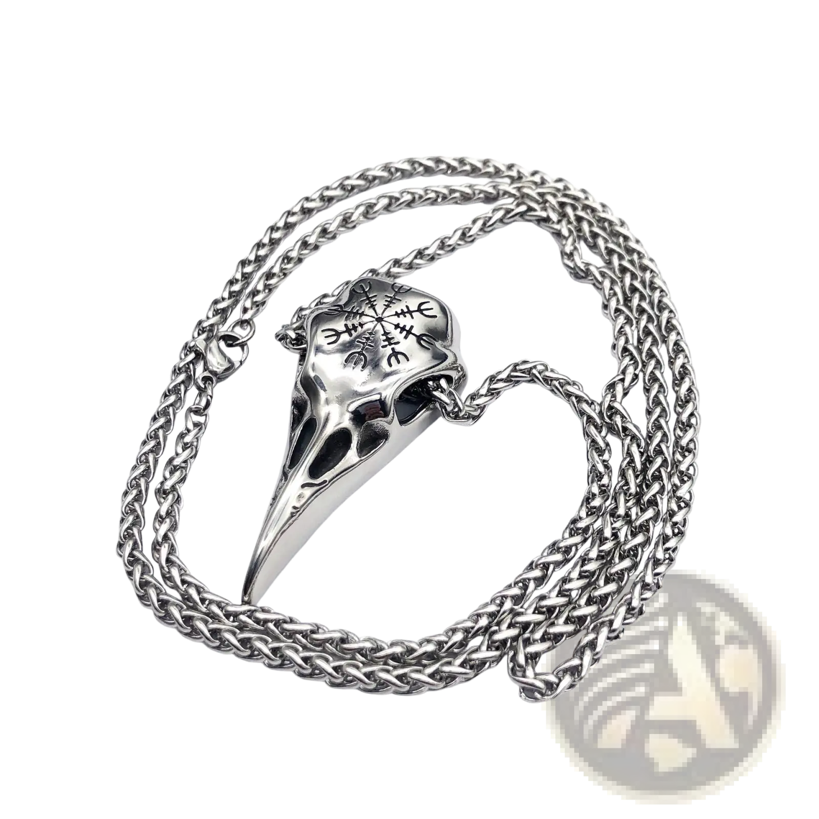 Silver vintage Viking runic raven skull pendant necklace with intricate engravings and braided chain detail