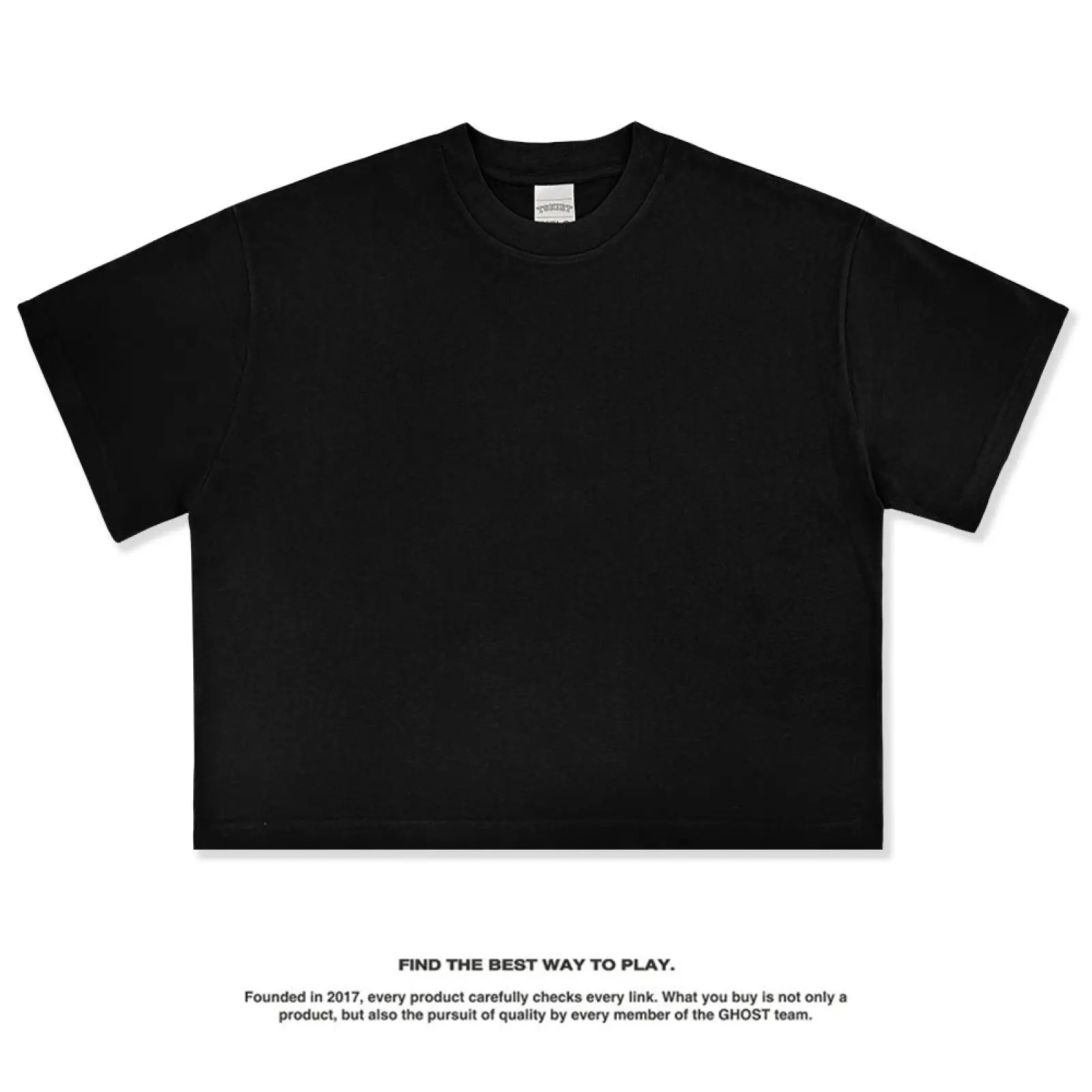 Black short-sleeved crew neck vintage washed cropped cotton t-shirt with minimalist design front view