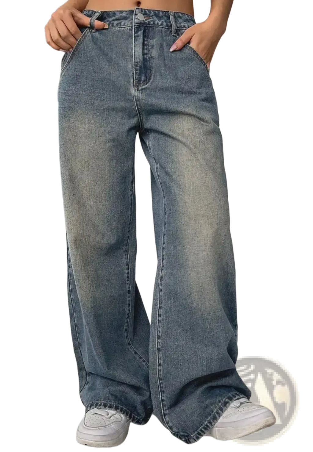 Wide-leg denim jeans in faded medium-blue wash with subtle whiskering and frayed hems vintage washed style