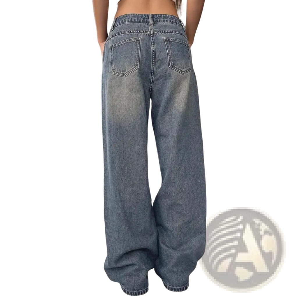 Vintage washed wide leg denim jeans in faded blue with classic back pockets and stitched detailing shown from the back side