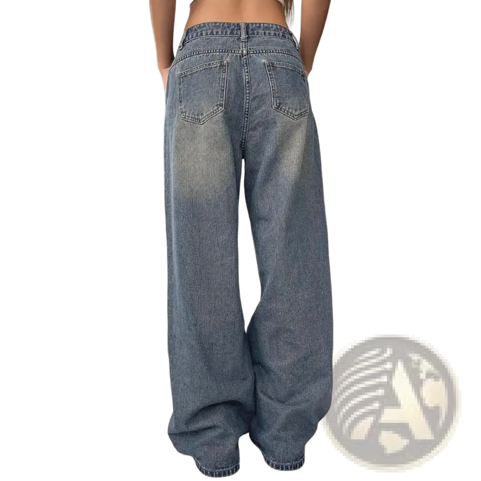 Vintage washed wide leg denim jeans in faded blue with classic back pockets and stitched detailing shown from the back side