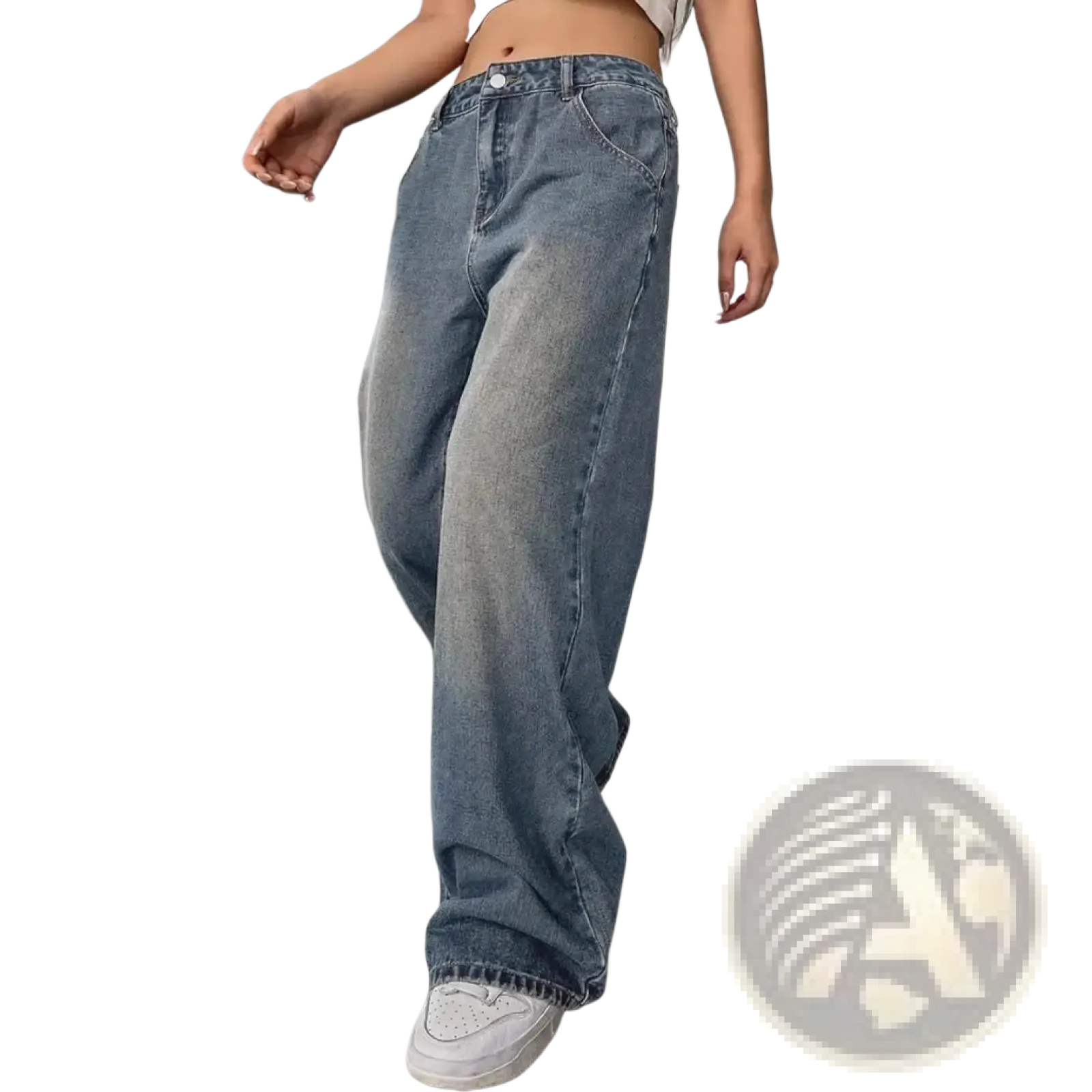 Vintage washed wide leg denim jeans in faded blue wash with classic stitching details on soft denim fabric