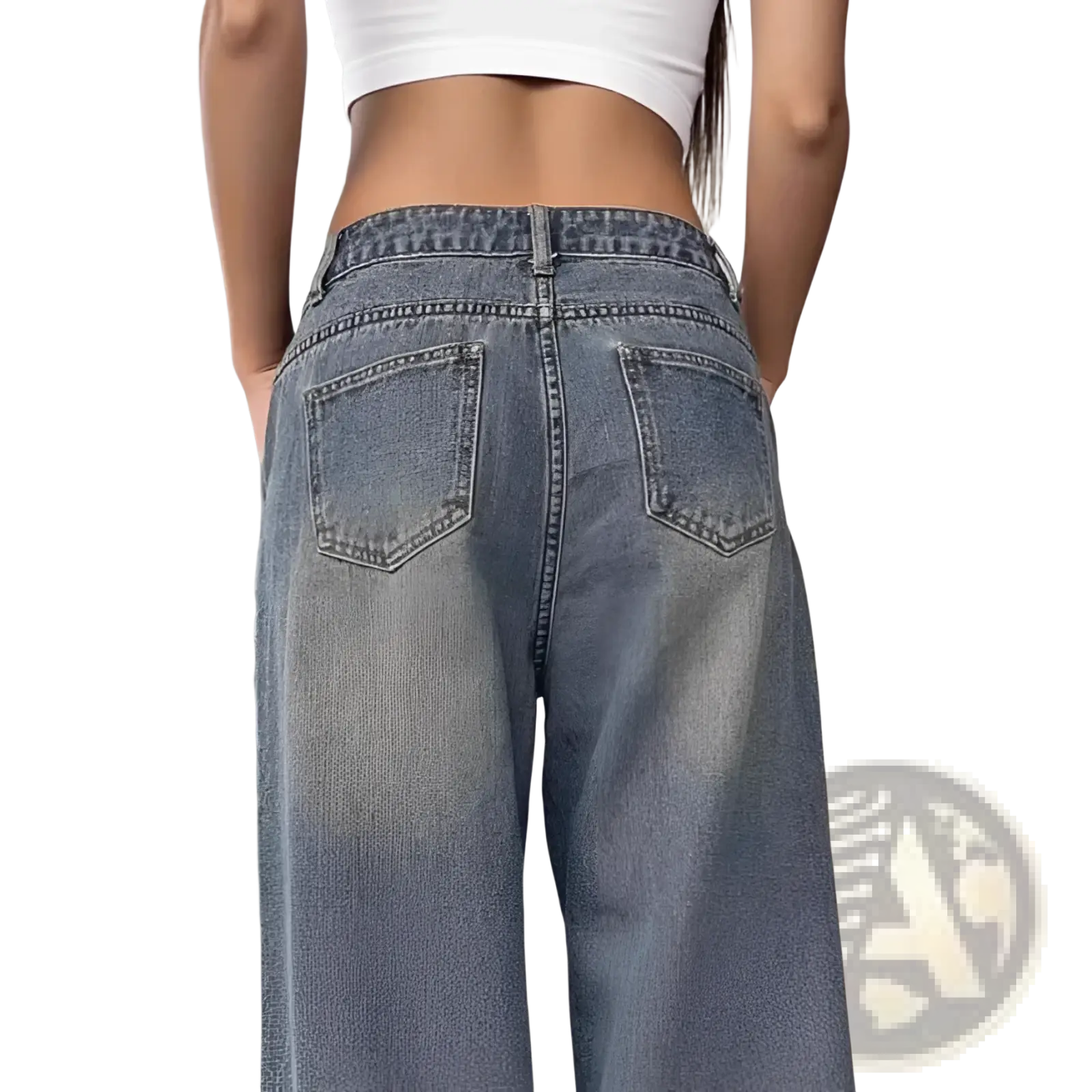 Vintage washed wide leg denim jeans in light wash with high waist and classic back pockets shown from the back side