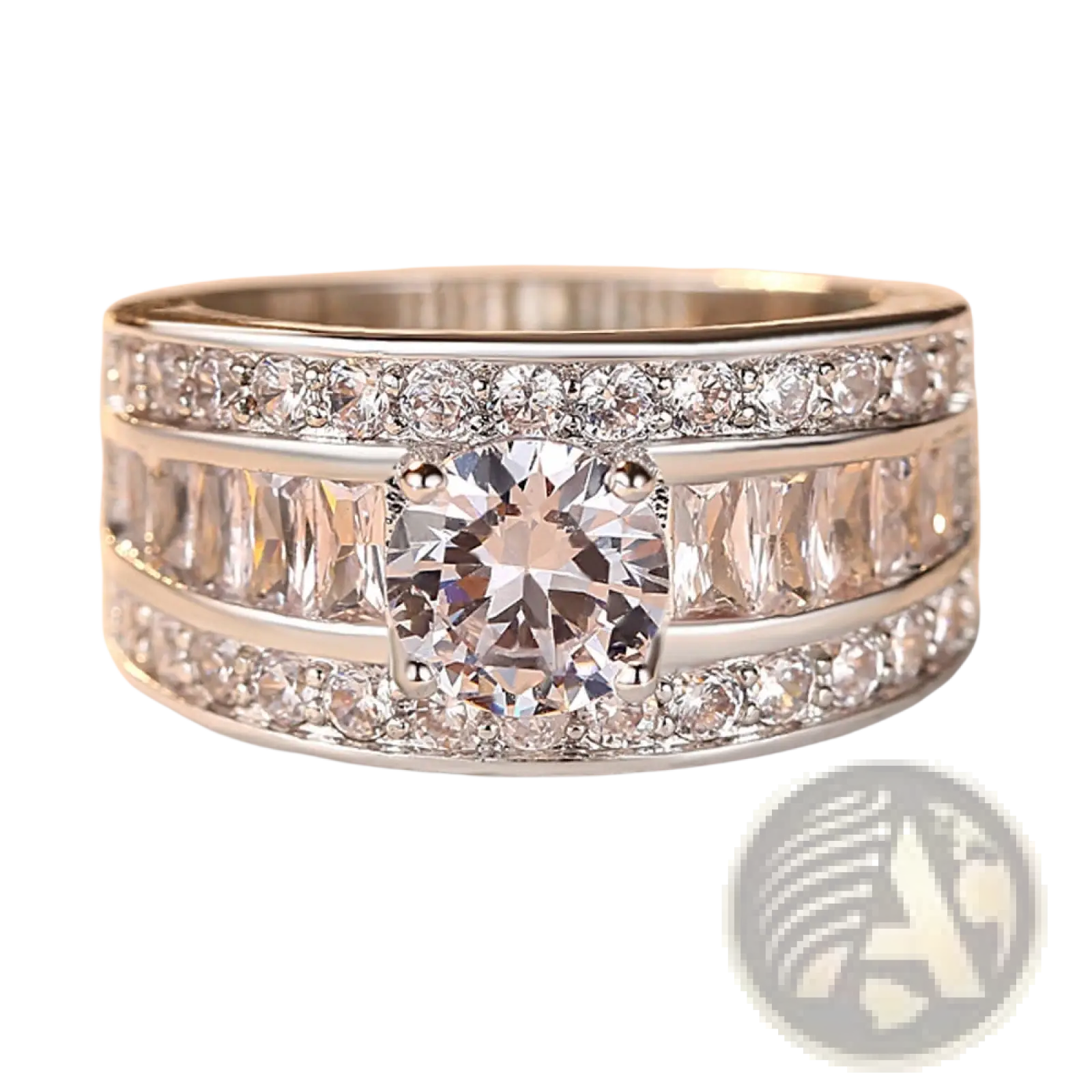 Vintage zircon heart arrow adjustable silver ring with a stunning silver-toned central round diamond and baguette pavé accents