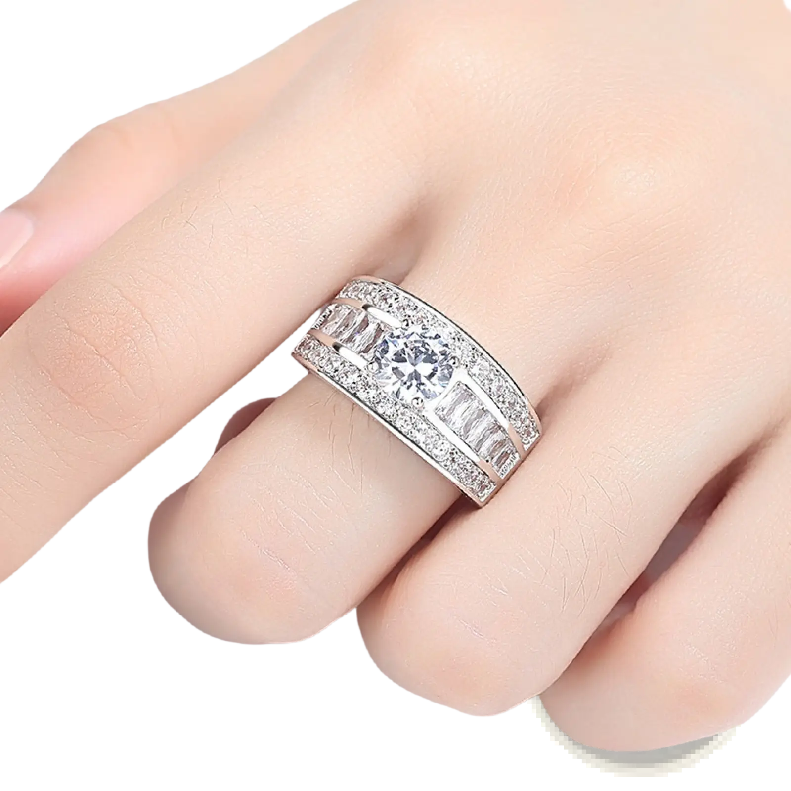Vintage zircon heart arrow adjustable silver ring with central round-cut gemstone and baguette pavé diamonds