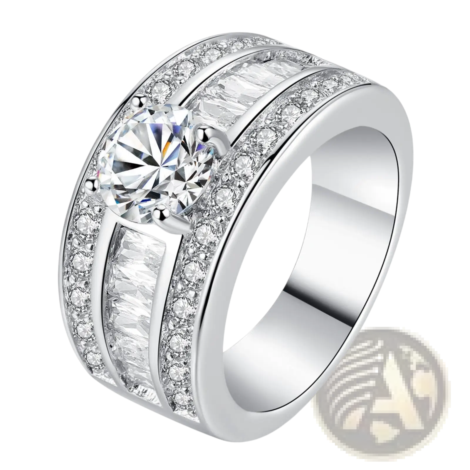 A wide silver vintage zircon heart arrow adjustable ring with a central round-cut diamond and baguette diamonds
