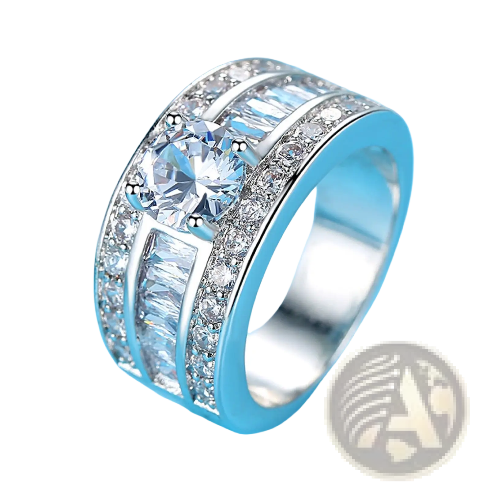 A wide silver vintage zircon heart arrow adjustable ring with a central round-cut gemstone and baguette stones