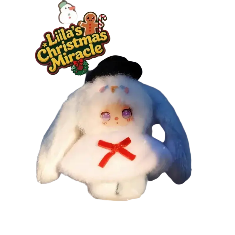 A fluffy white plush vinyl doll snowman bunny with purple eyes black beret and red ribbon bow pendant