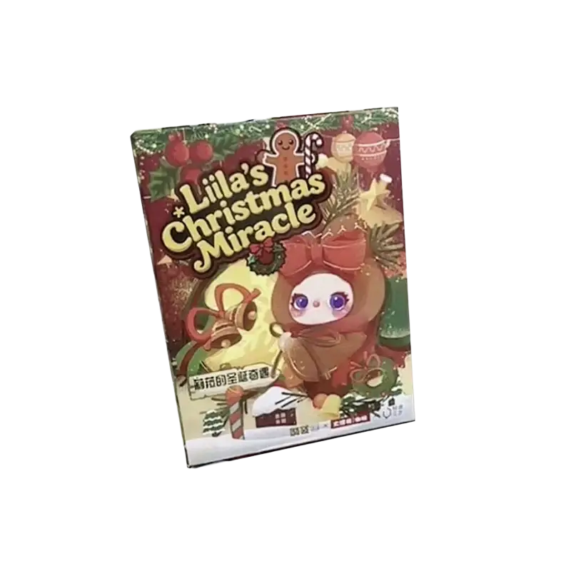 Lilas christmas miracle collectible vinyl doll blind box featuring a brown plush character with purple eyes and red bow