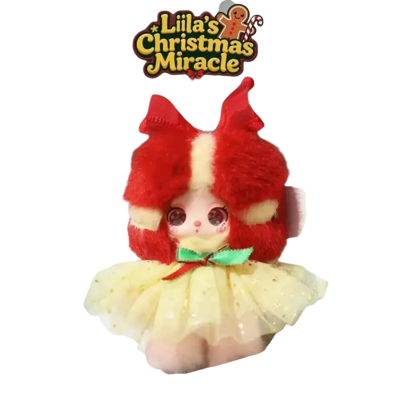 A vinyl doll plush with fluffy red and cream hair wearing a yellow glittery tulle dress and green bow pendant