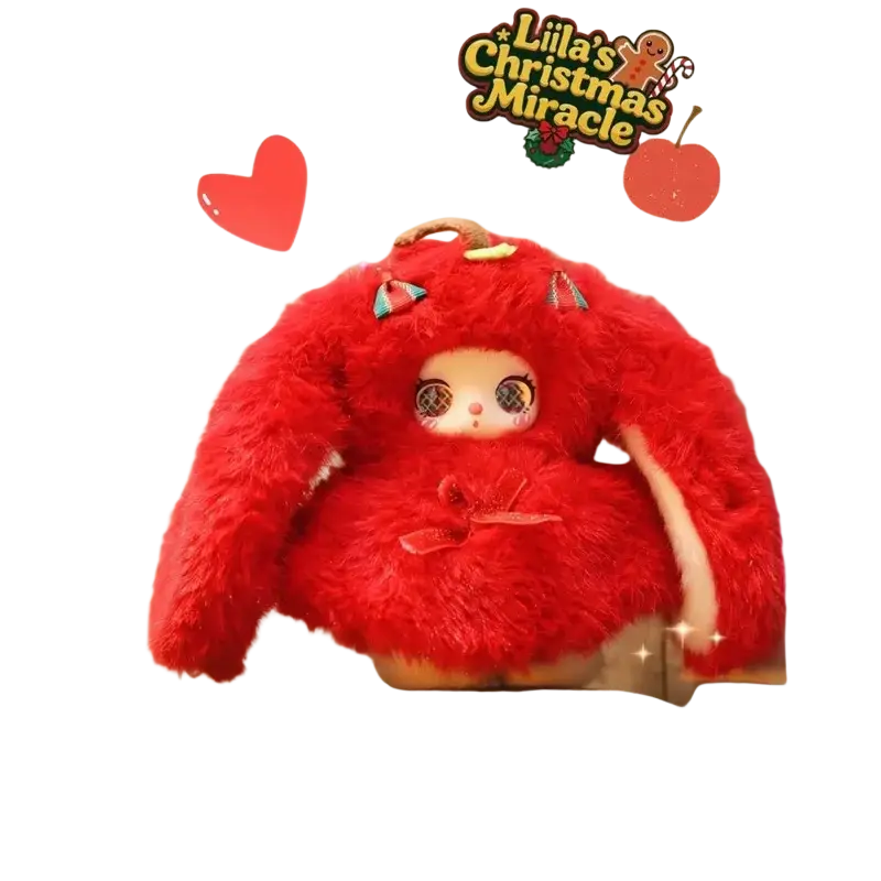 A plush red fluffy bunny vinyl doll with oversized eyes and decorative bows from the Vinyl Doll Christmas Adventure Blind Box Pendant