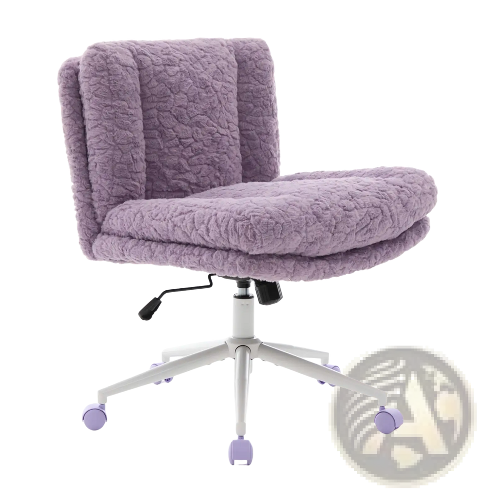 Violet faux fur office chair with 26.4 inch wide purple quilted seat and backrest and white metal base with lavender casters