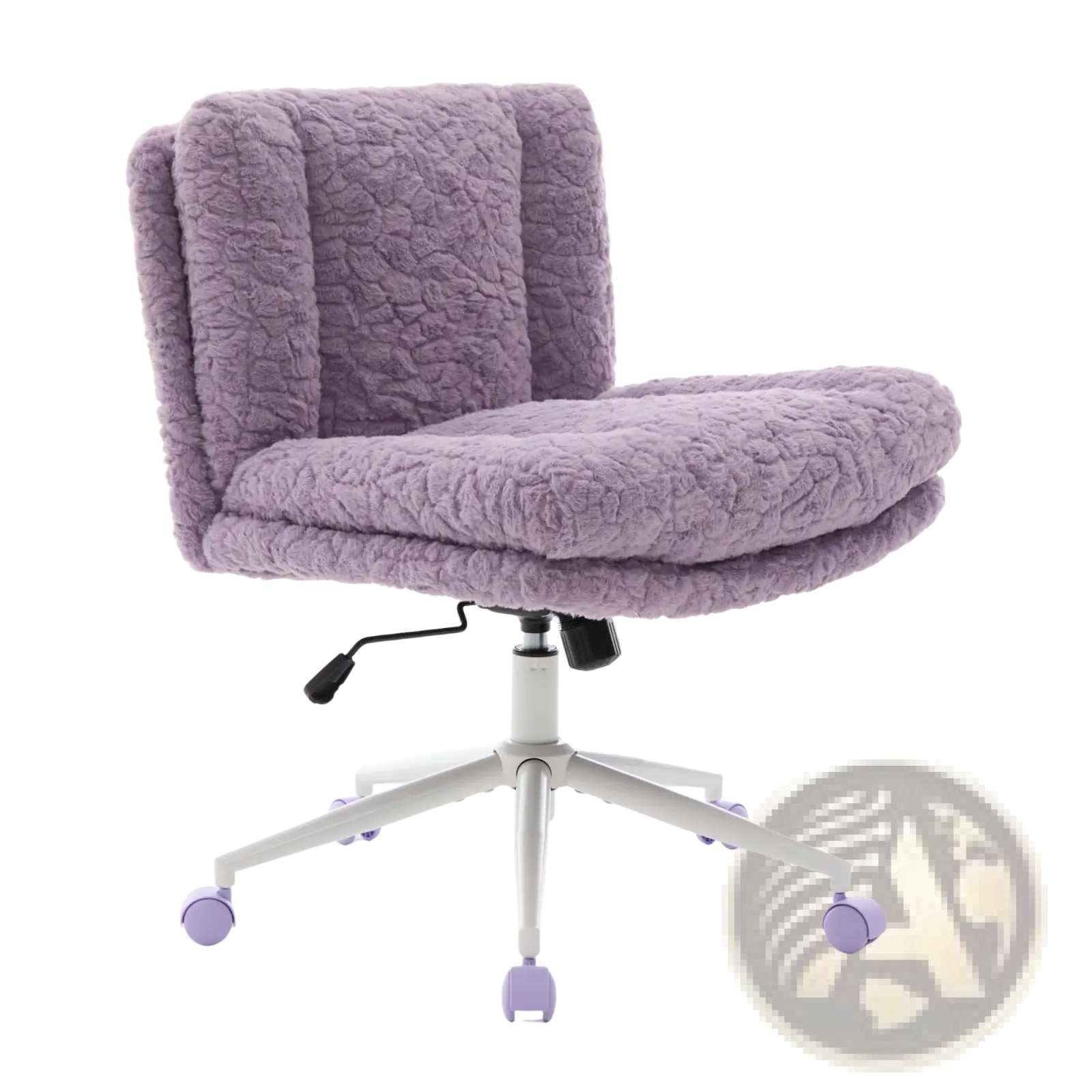 Violet faux fur office chair with 26.4 inch wide purple quilted seat and backrest and white metal base with lavender casters