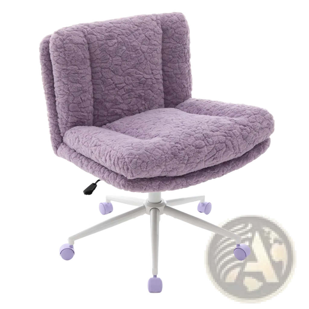 Violet faux fur office chair with plush lavender tufted seat and backrest on white five-star base with purple casters