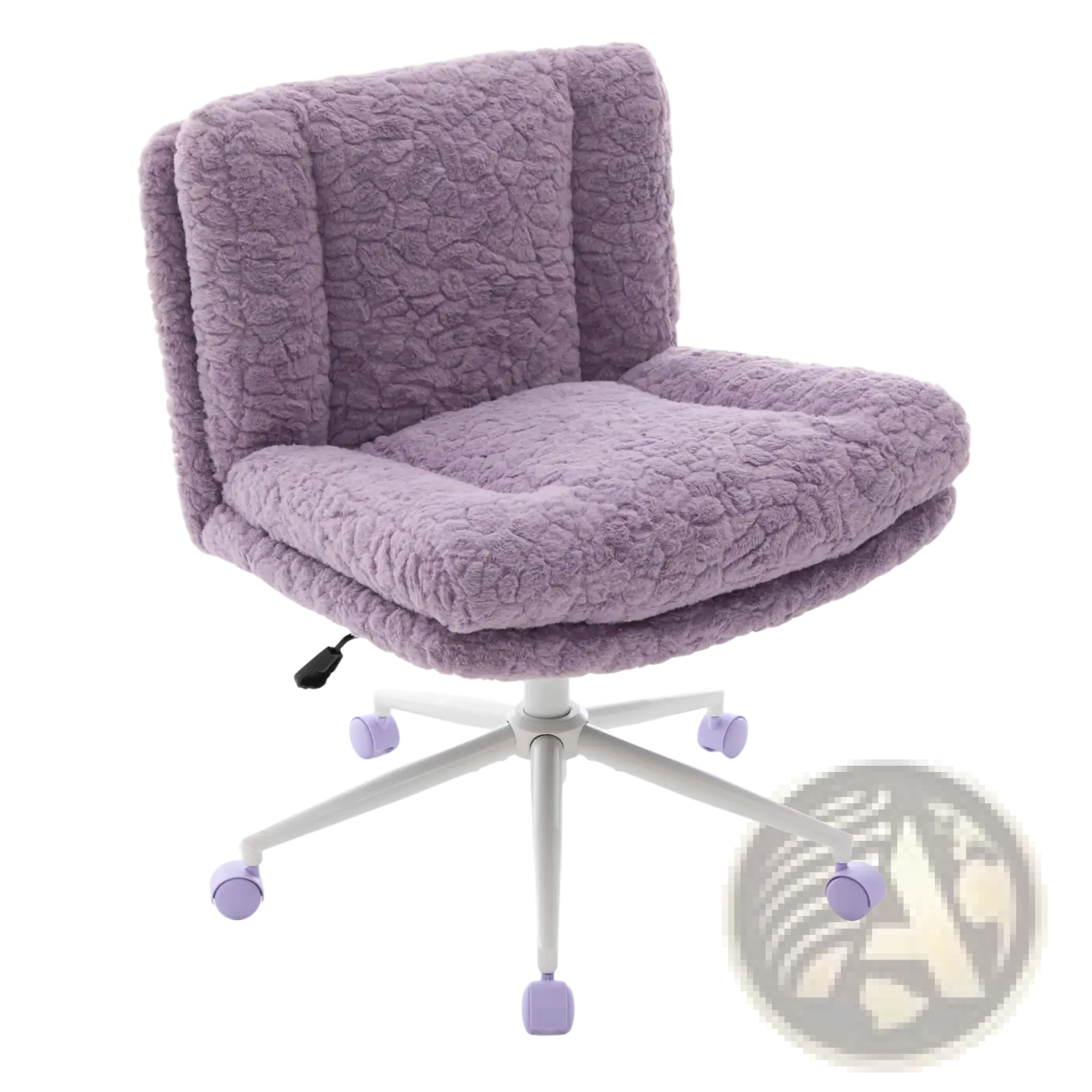 Violet faux fur office chair with plush lavender tufted seat and backrest on white five-star base with purple casters