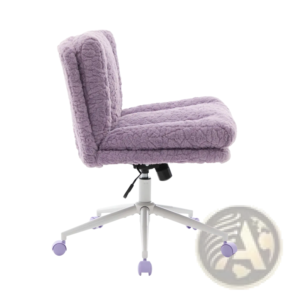 Violet faux fur office chair with quilted seat and backrest, silver metal base, and lavender casters with 26.4 inch wide seat