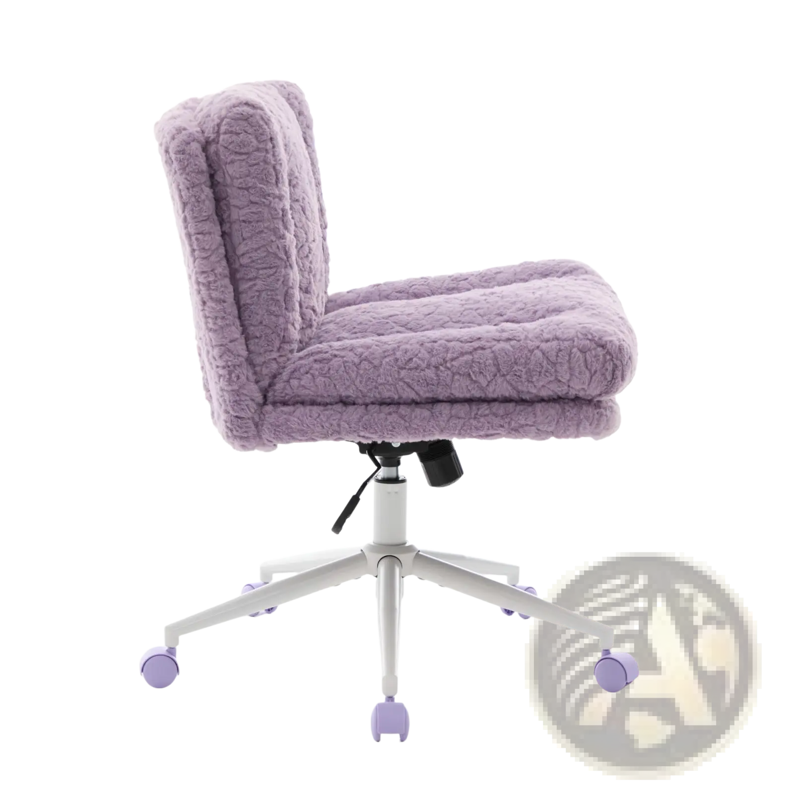 Violet faux fur office chair with quilted seat and backrest, silver metal base, and lavender casters with 26.4 inch wide seat