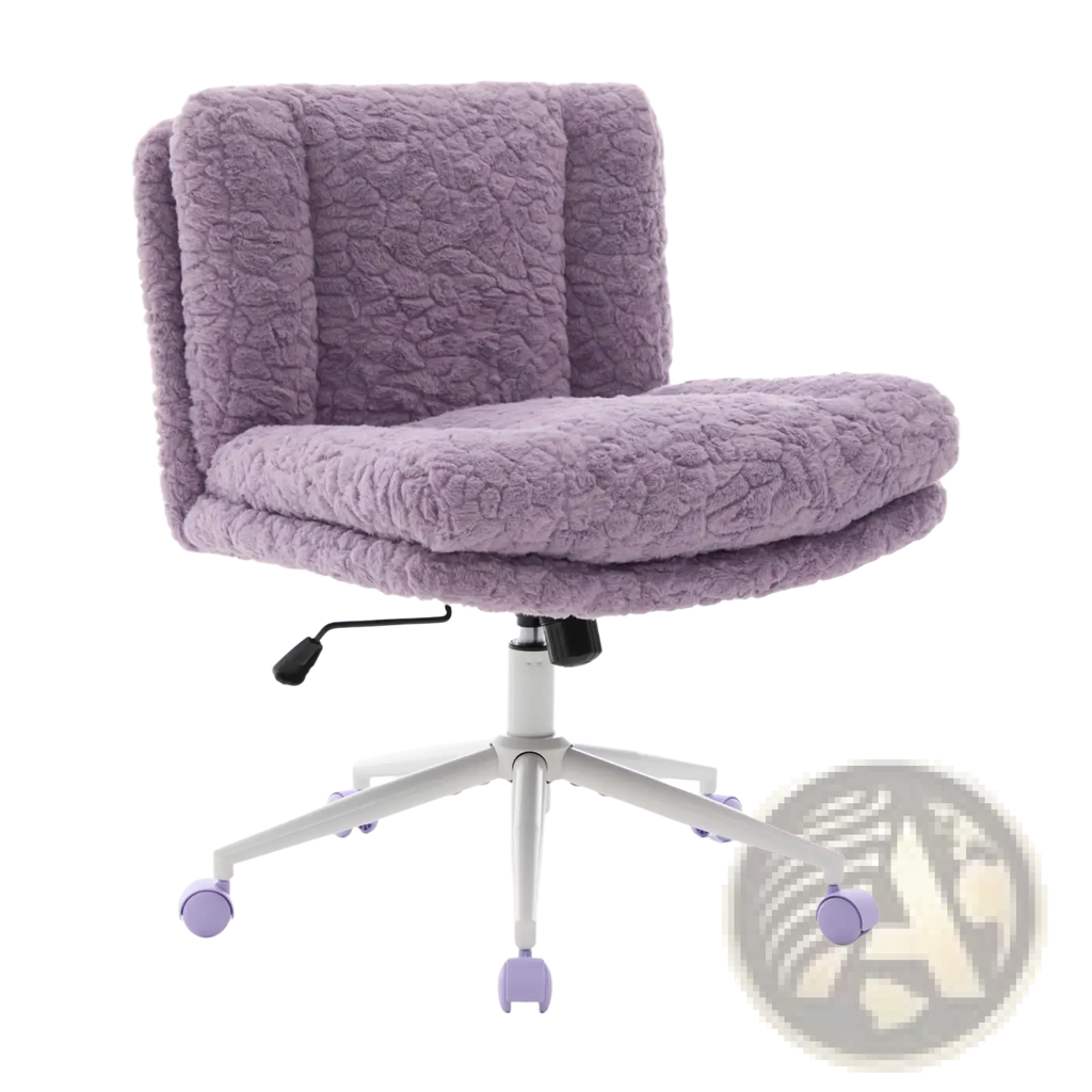 Violet faux fur office chair with textured lavender upholstery and matching purple casters on a five-star base