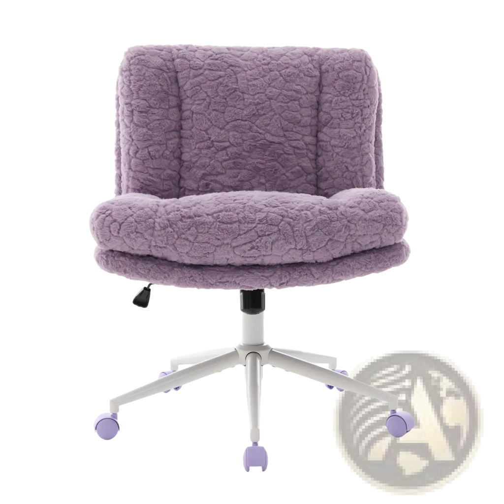 Violet faux fur office chair with plush lavender fuzzy upholstery and purple casters on a silver five-star base