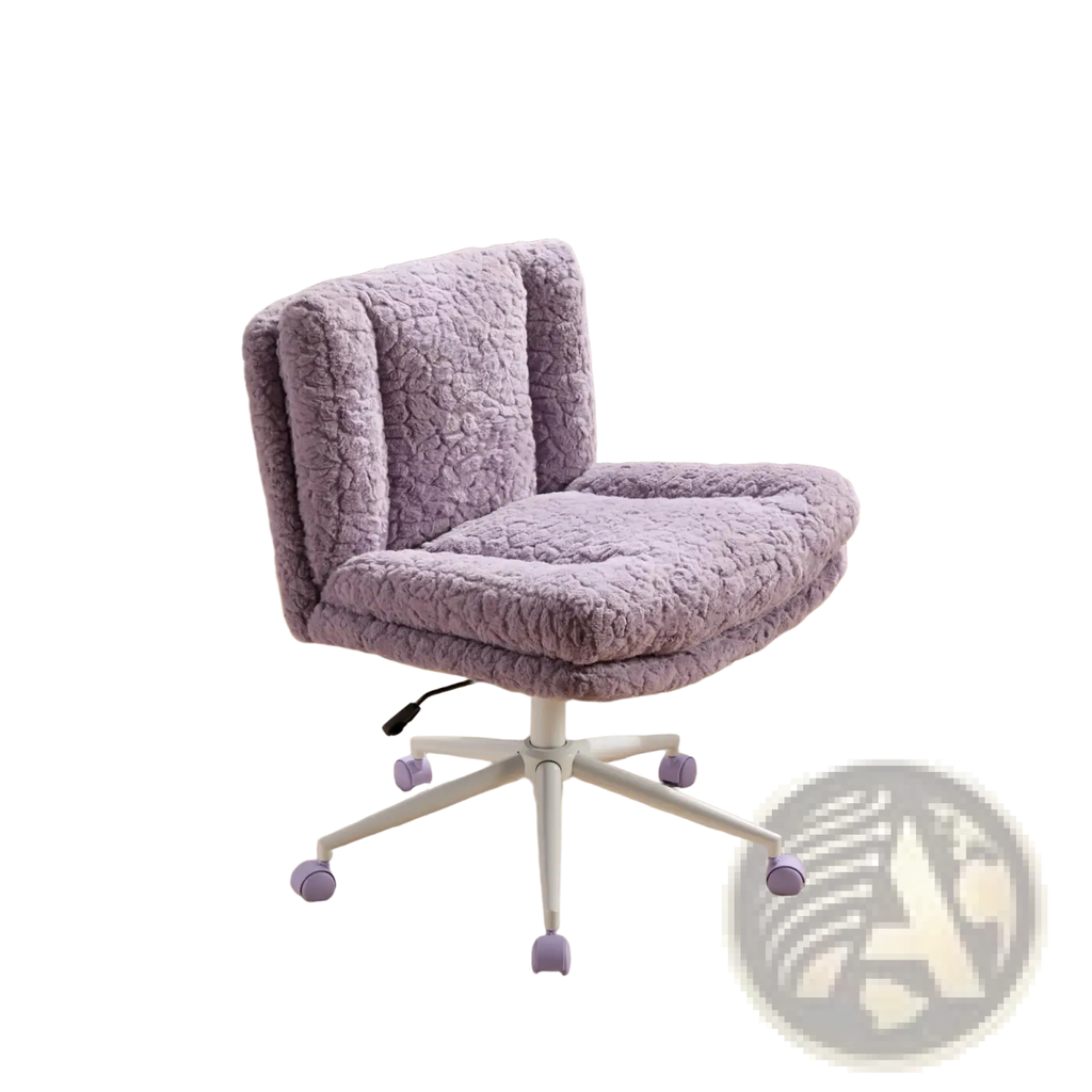 Violet faux fur office chair with 26.4 inch wide seat featuring lavender plush textured fabric and matching purple casters