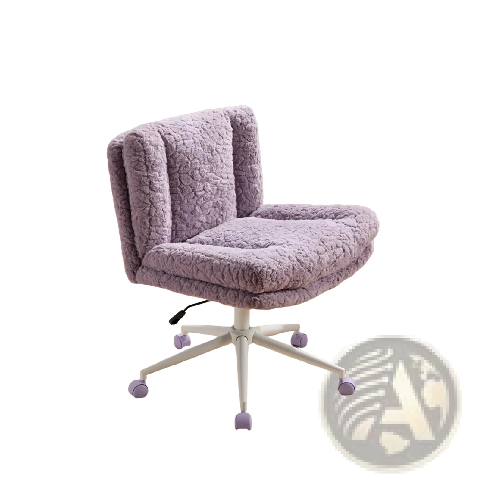 Violet faux fur office chair with 26.4 inch wide seat featuring lavender plush textured fabric and matching purple casters