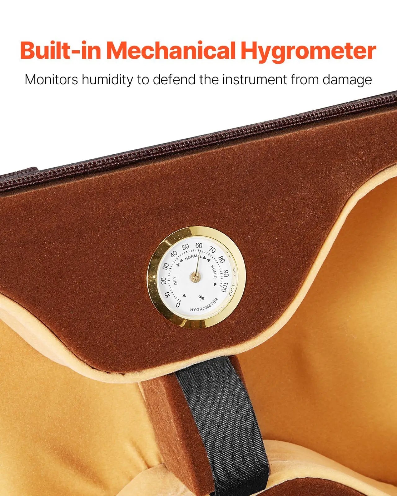 Brown suede-lined violin case 4/4 full size lightweight oblong hard bag with built-in gold-rimmed mechanical hygrometer