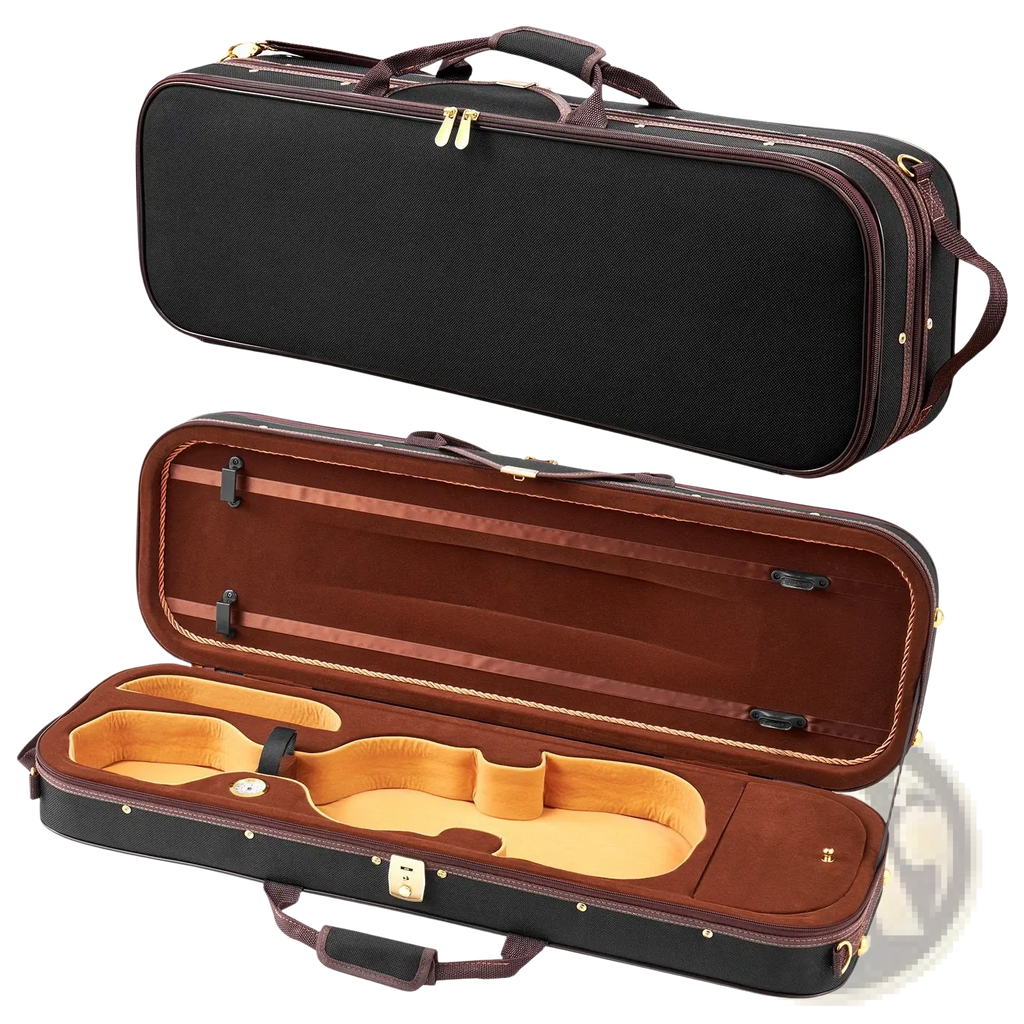 Black violin case with brown leather trim and gold hardware featuring a plush interior for 4/4 full-size violin