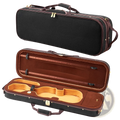 Black violin case with brown leather trim and gold hardware featuring a plush interior for 4/4 full-size violin