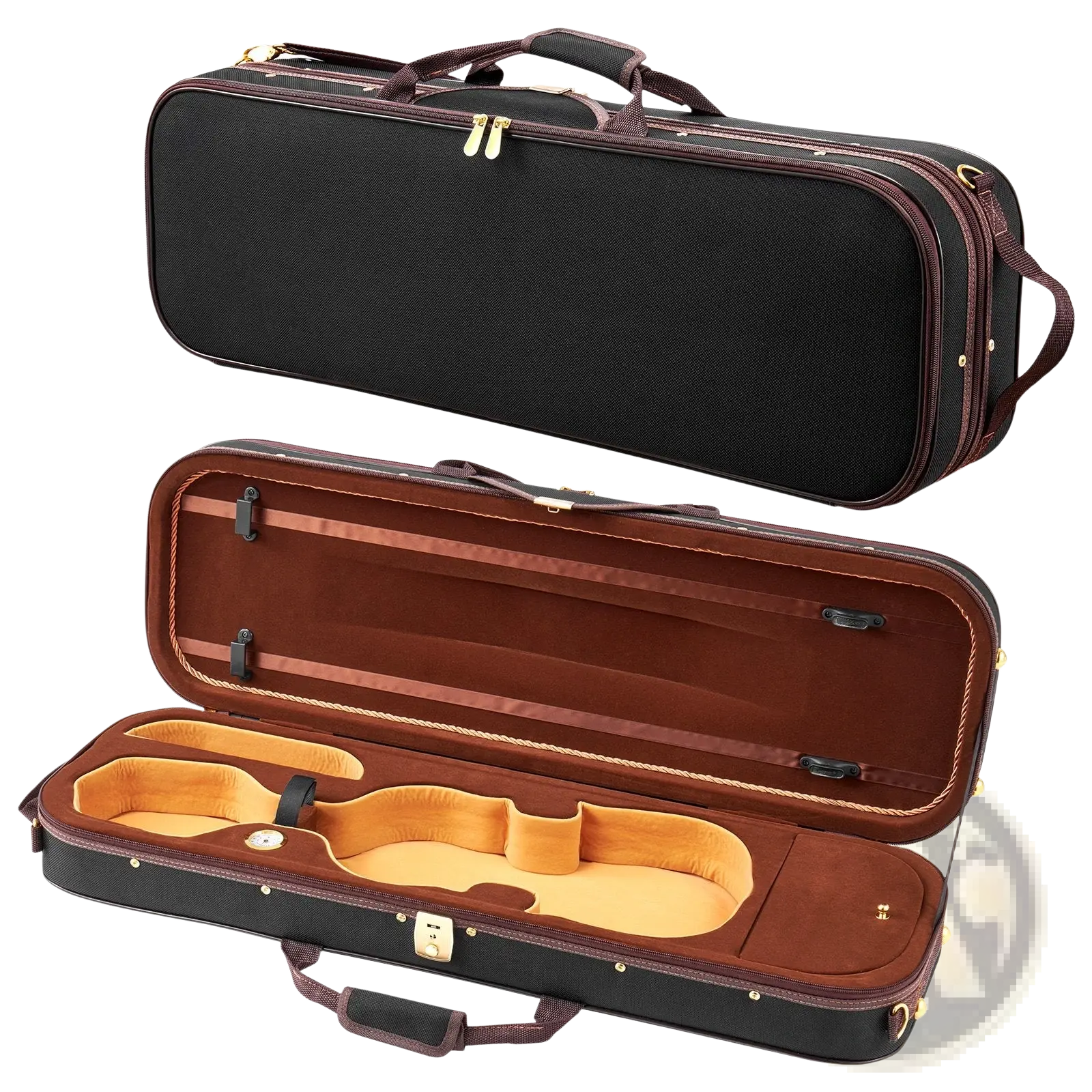 Black violin case with brown leather trim and gold hardware featuring a plush interior for 4/4 full-size violin