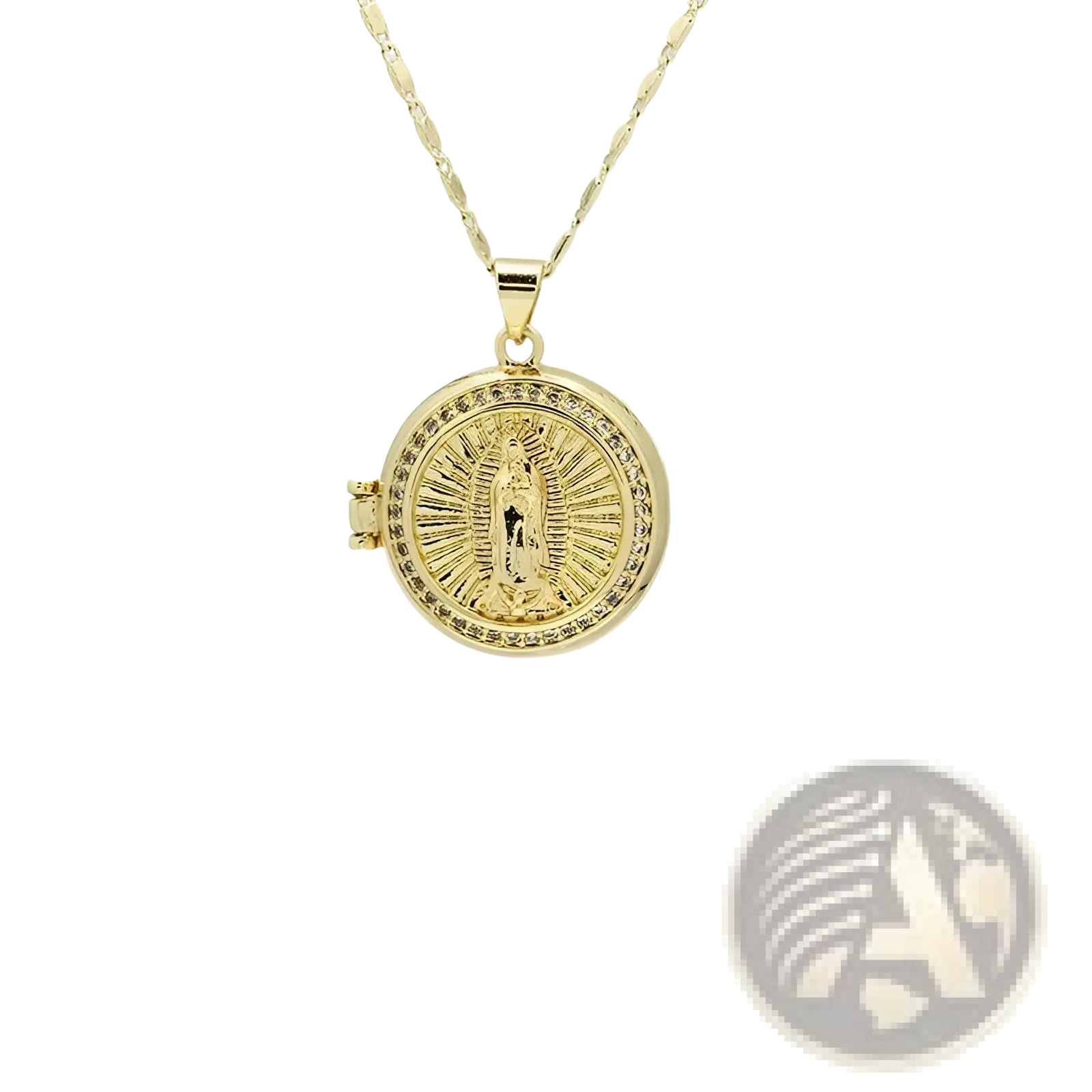 Gold-toned virgin mary locket necklace with inlaid crystals and detailed depiction of the virgin of guadalupe haloed centerpiece
