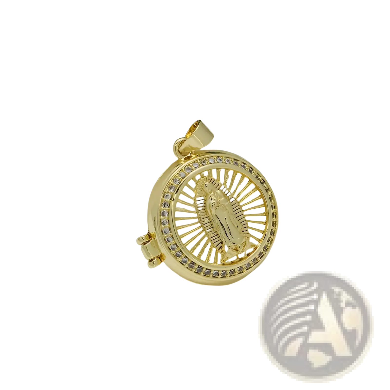 Gold-colored circular locket pendant featuring engraved virgin of guadalupe with inlaid crystals on border